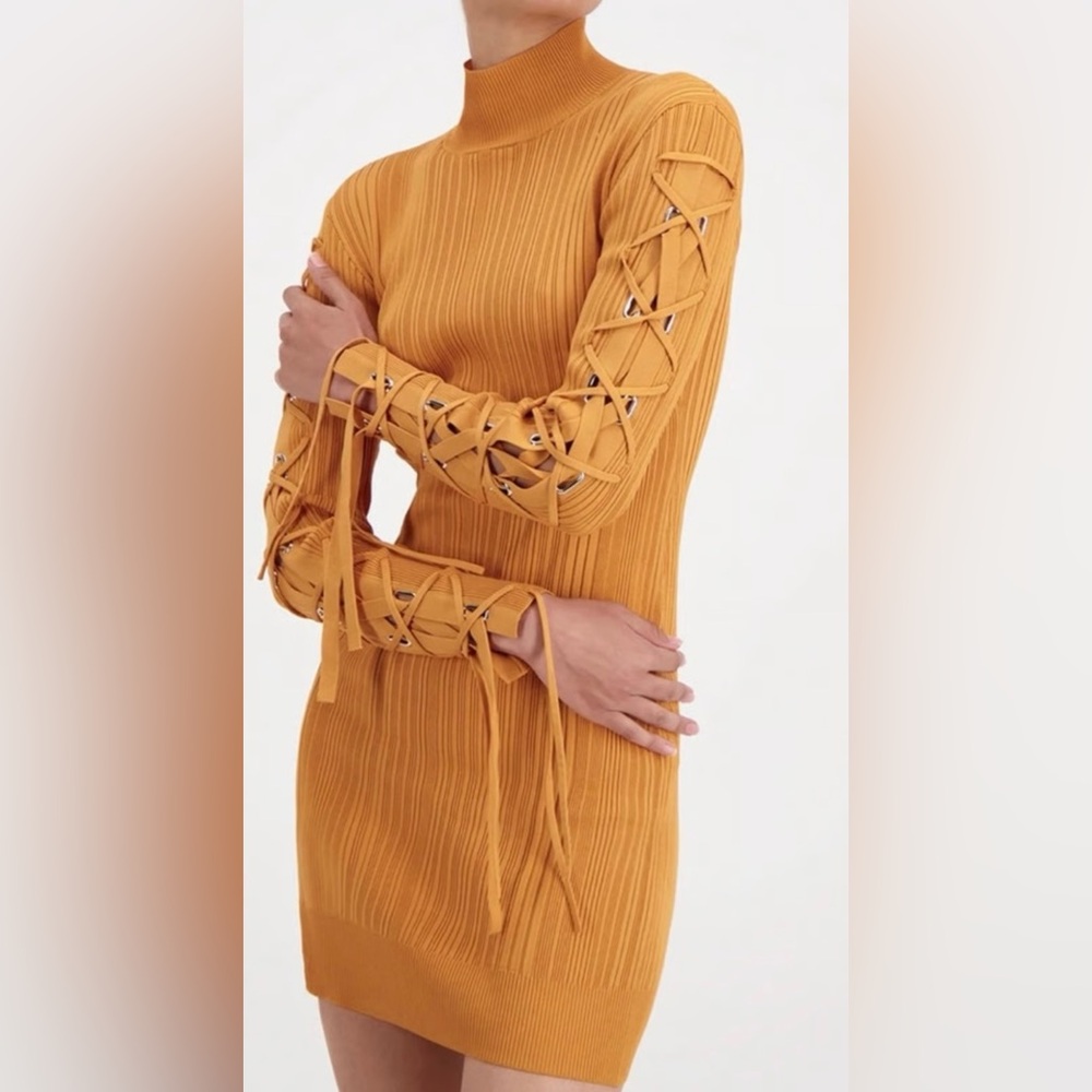 Herve Leger Dress LARGE Womens Orange Rib Lace Up Bodycon Long Sleeve Mini